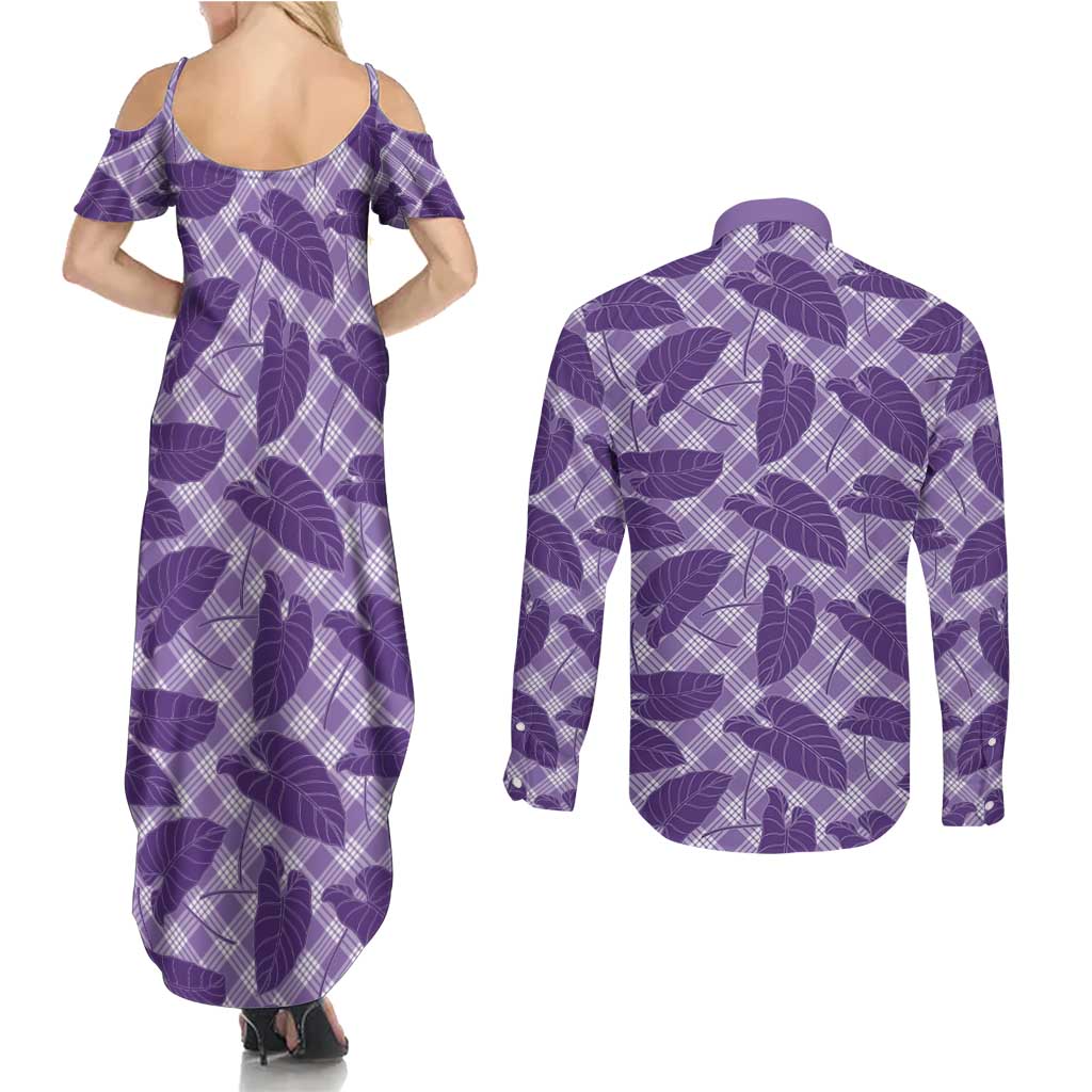 Purple Hawaii Kalo Palaka Motifs Couples Matching Summer Maxi Dress and Long Sleeve Button Shirt Hawaiian Taro Leaves Elegant Vibes - Polynesian Pride
