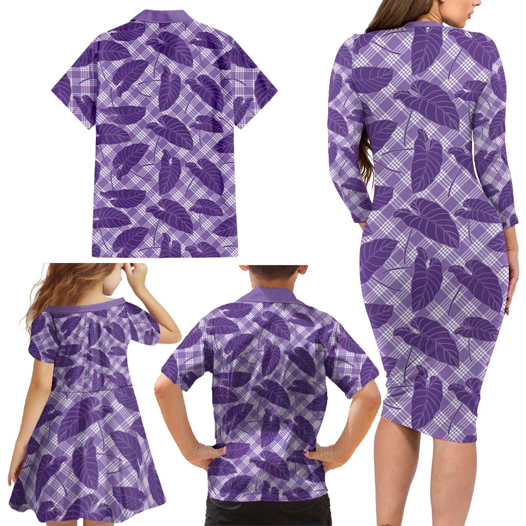 Purple Hawaii Kalo Palaka Motifs Family Matching Long Sleeve Bodycon Dress and Hawaiian Shirt Hawaiian Taro Leaves Elegant Vibes LT14 - Polynesian Pride