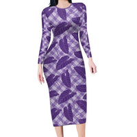 Purple Hawaii Kalo Palaka Motifs Family Matching Long Sleeve Bodycon Dress and Hawaiian Shirt Hawaiian Taro Leaves Elegant Vibes LT14 Mom's Dress Purple - Polynesian Pride