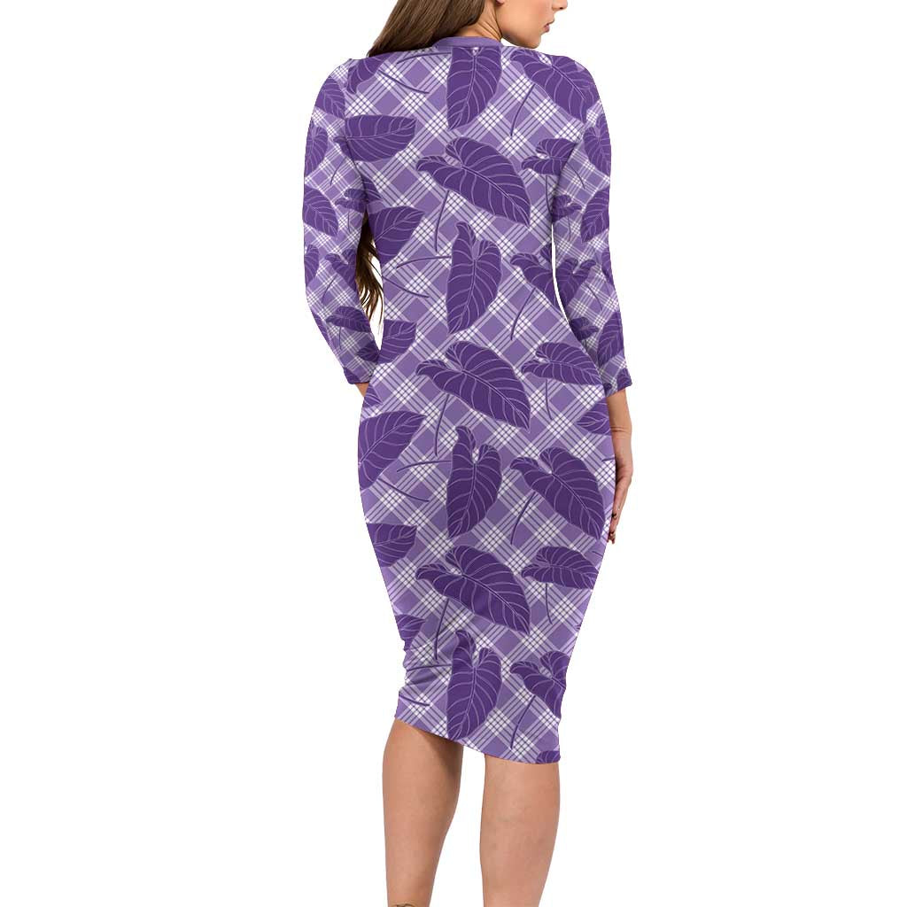 Purple Hawaii Kalo Palaka Motifs Family Matching Long Sleeve Bodycon Dress and Hawaiian Shirt Hawaiian Taro Leaves Elegant Vibes LT14 - Polynesian Pride