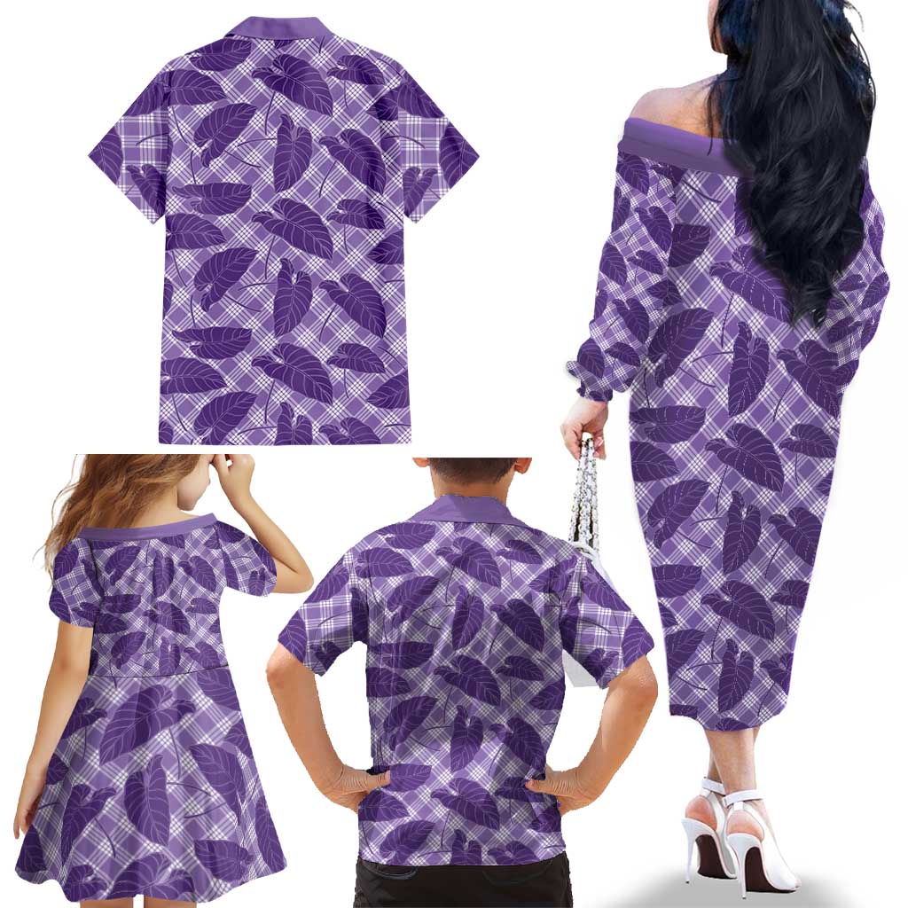 Purple Hawaii Kalo Palaka Motifs Family Matching Off The Shoulder Long Sleeve Dress and Hawaiian Shirt Hawaiian Taro Leaves Elegant Vibes LT14 - Polynesian Pride
