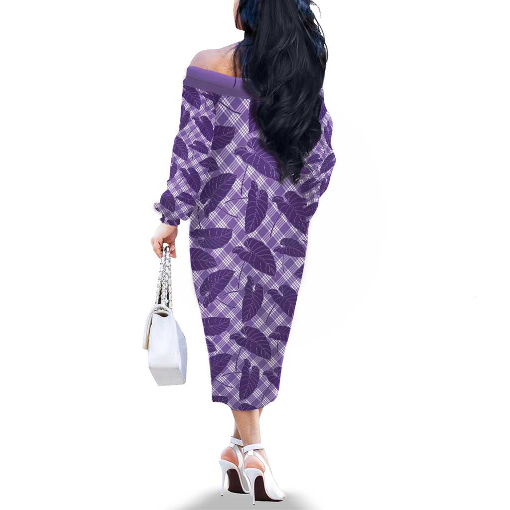 Purple Hawaii Kalo Palaka Motifs Family Matching Off The Shoulder Long Sleeve Dress and Hawaiian Shirt Hawaiian Taro Leaves Elegant Vibes LT14 - Polynesian Pride