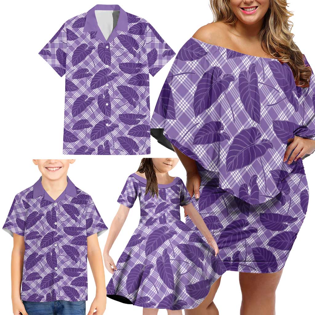 Purple Hawaii Kalo Palaka Motifs Family Matching Off Shoulder Short Dress and Hawaiian Shirt Hawaiian Taro Leaves Elegant Vibes - Polynesian Pride