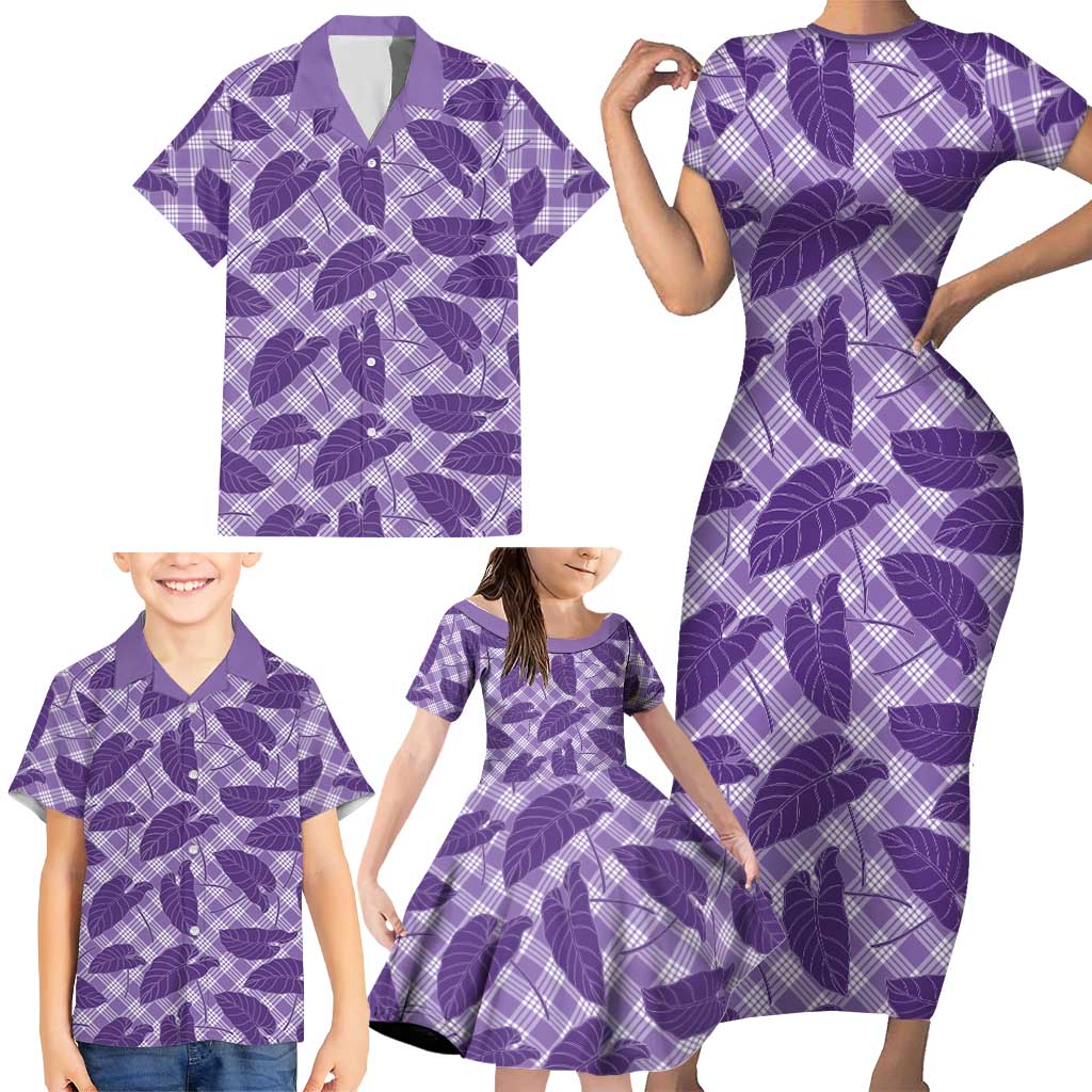 Purple Hawaii Kalo Palaka Motifs Family Matching Short Sleeve Bodycon Dress and Hawaiian Shirt Hawaiian Taro Leaves Elegant Vibes LT14 - Polynesian Pride