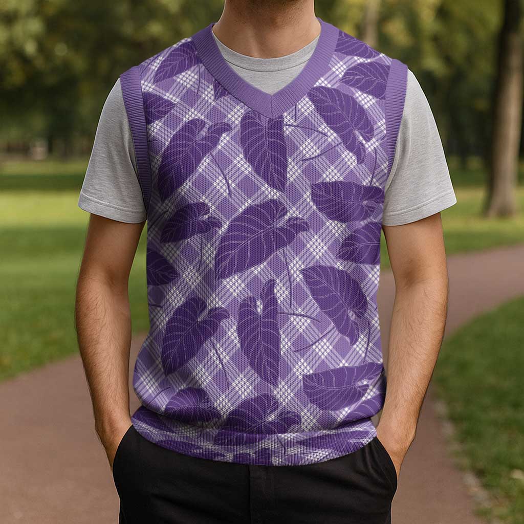 Purple Hawaii Kalo Palaka Motifs Christmas Knitted V-Neck Vest Hawaiian Taro Leaves Elegant Vibes - Polynesian Pride