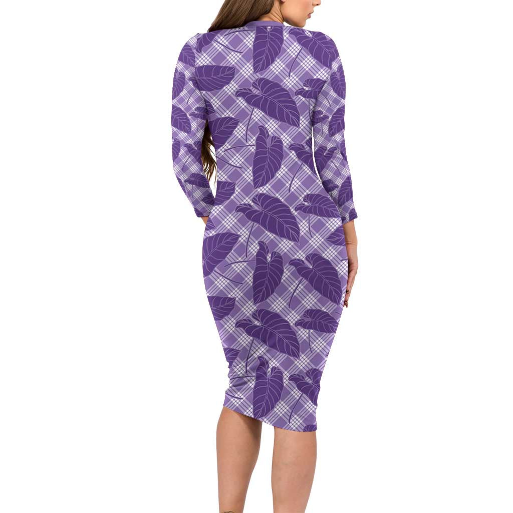 Purple Hawaii Kalo Palaka Motifs Long Sleeve Bodycon Dress Hawaiian Taro Leaves Elegant Vibes - Polynesian Pride