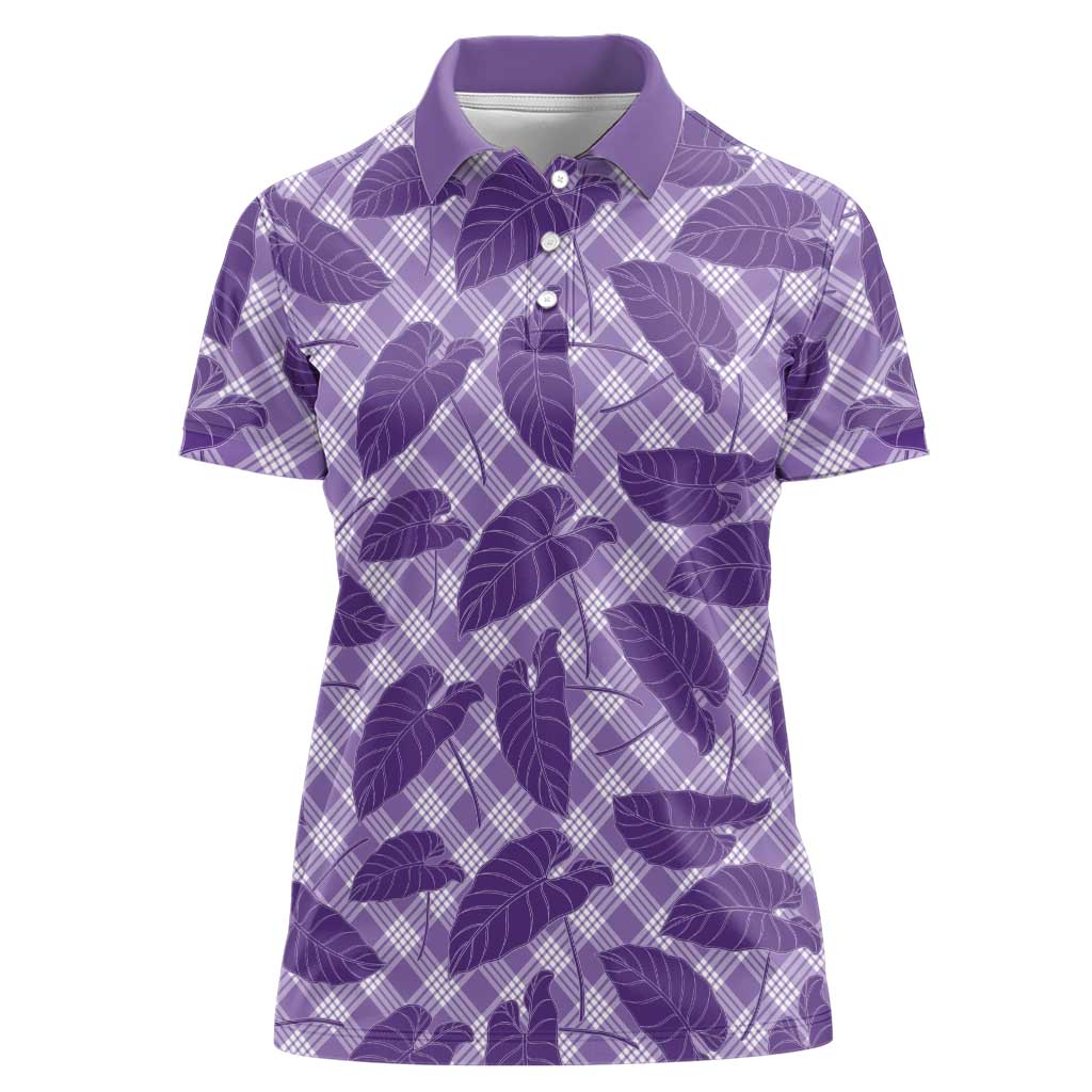 Purple Hawaii Kalo Palaka Motifs Women Polo Shirt Hawaiian Taro Leaves Elegant Vibes - Polynesian Pride