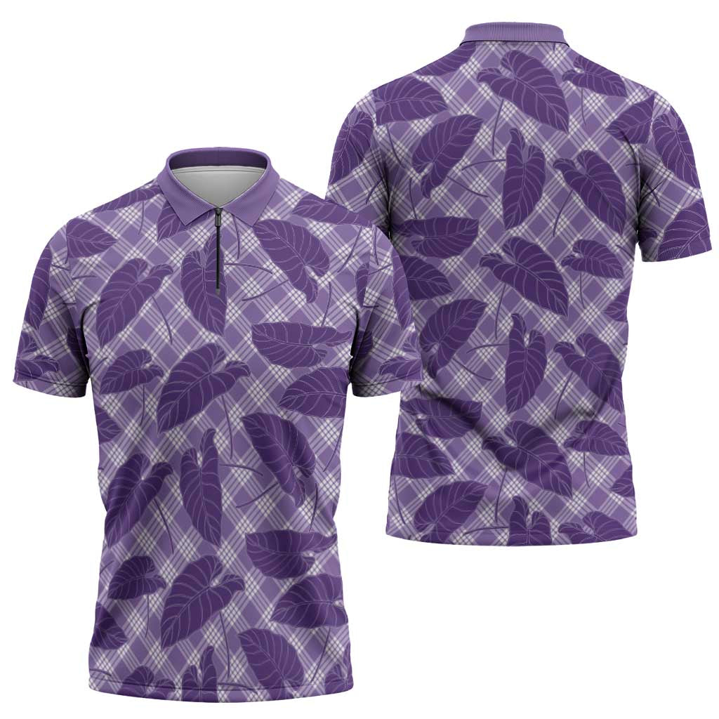 Purple Hawaii Kalo Palaka Motifs Zipper Polo Shirt Hawaiian Taro Leaves Elegant Vibes - Polynesian Pride