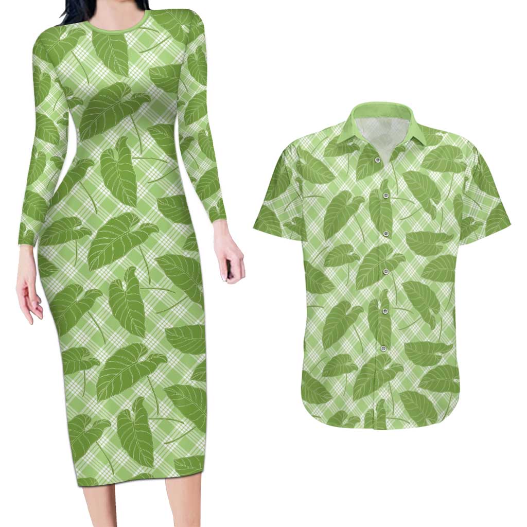 Green Hawaii Kalo Palaka Motifs Couples Matching Long Sleeve Bodycon Dress and Hawaiian Shirt Hawaiian Taro Leaves Elegant Vibes - Polynesian Pride