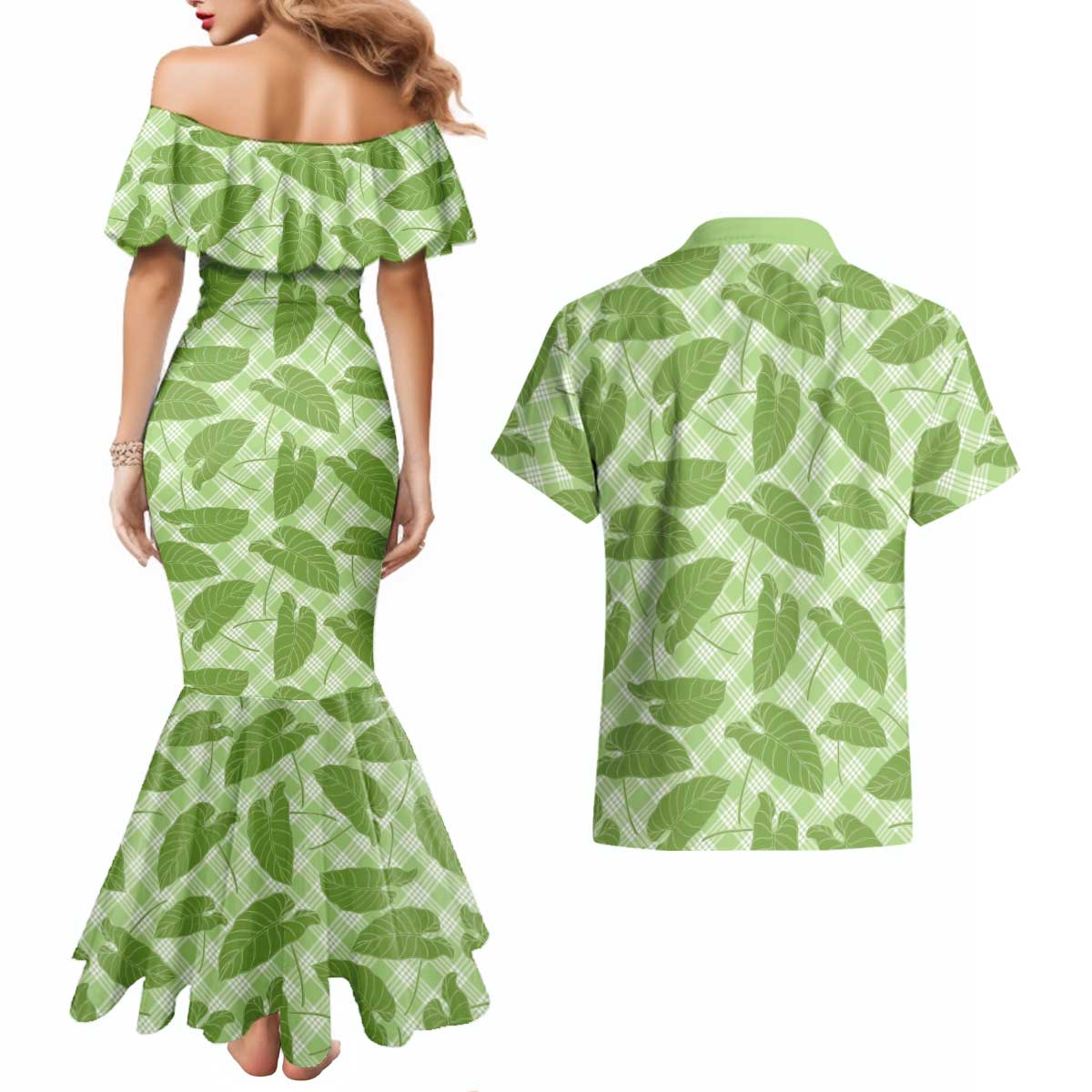 Green Hawaii Kalo Palaka Motifs Couples Matching Mermaid Dress and Hawaiian Shirt Hawaiian Taro Leaves Elegant Vibes LT14 - Polynesian Pride