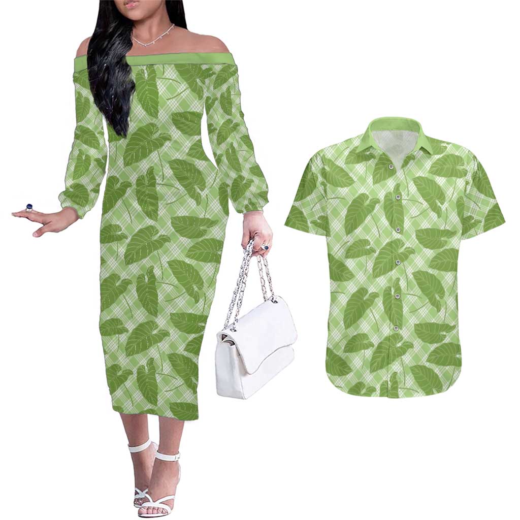 Green Hawaii Kalo Palaka Motifs Couples Matching Off The Shoulder Long Sleeve Dress and Hawaiian Shirt Hawaiian Taro Leaves Elegant Vibes LT14 Green - Polynesian Pride