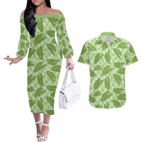 Green Hawaii Kalo Palaka Motifs Couples Matching Off The Shoulder Long Sleeve Dress and Hawaiian Shirt Hawaiian Taro Leaves Elegant Vibes LT14 Green - Polynesian Pride