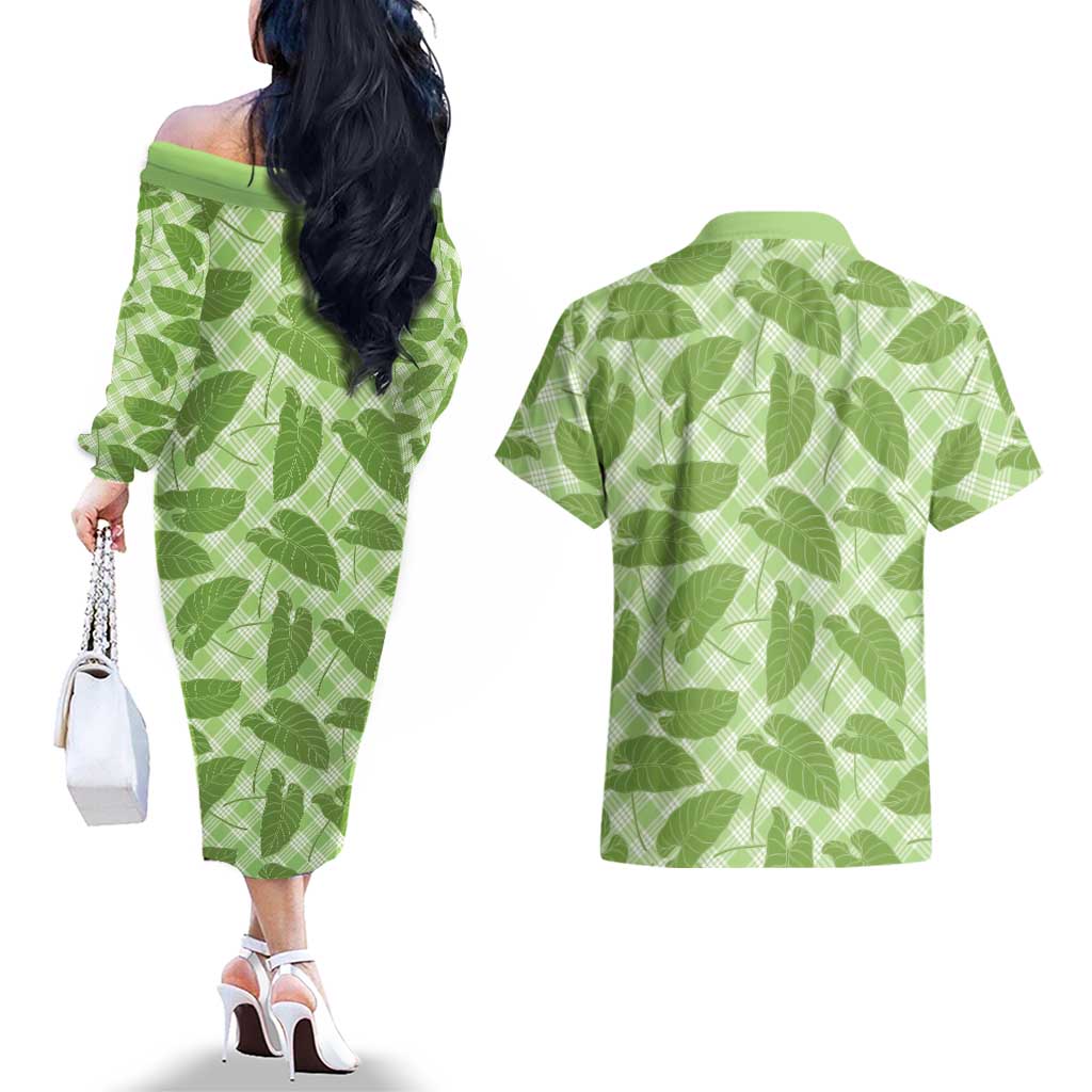 Green Hawaii Kalo Palaka Motifs Couples Matching Off The Shoulder Long Sleeve Dress and Hawaiian Shirt Hawaiian Taro Leaves Elegant Vibes LT14 - Polynesian Pride