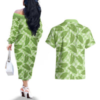Green Hawaii Kalo Palaka Motifs Couples Matching Off The Shoulder Long Sleeve Dress and Hawaiian Shirt Hawaiian Taro Leaves Elegant Vibes LT14 - Polynesian Pride