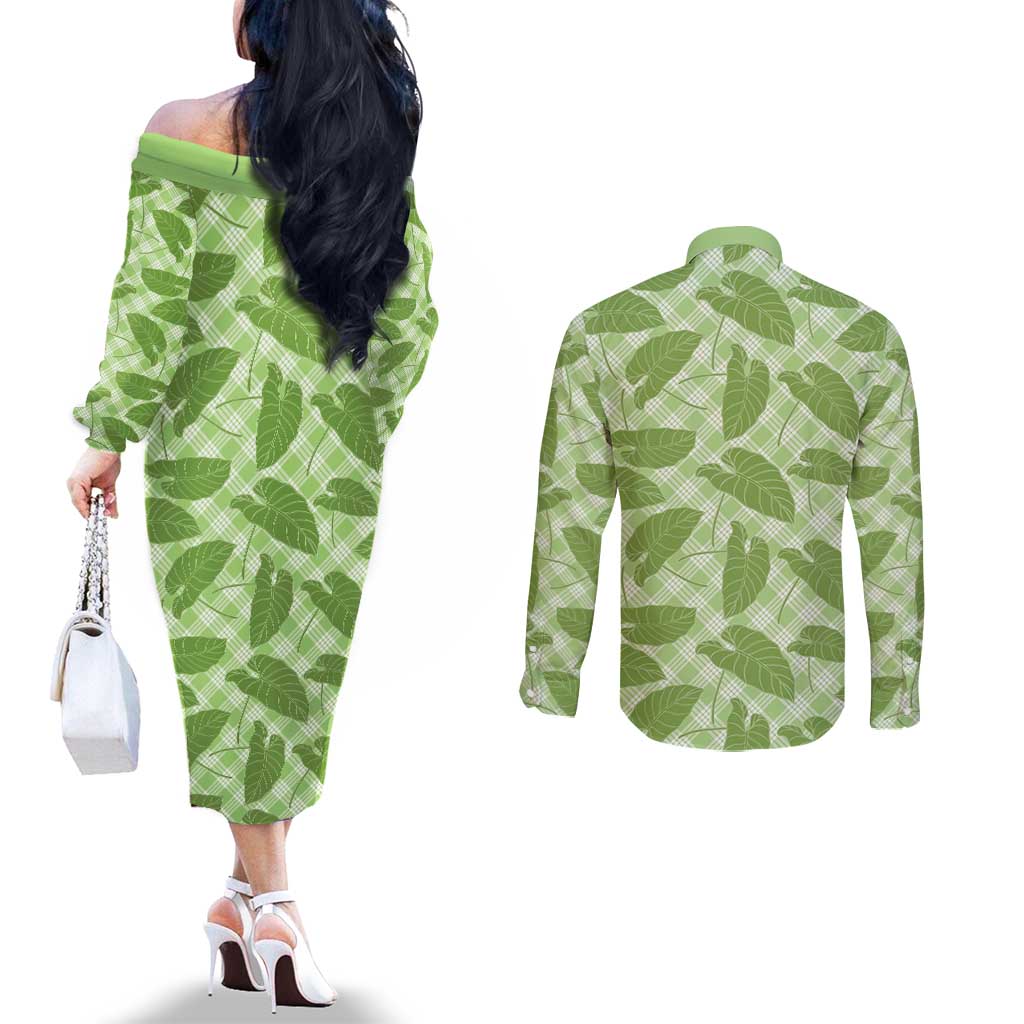 Green Hawaii Kalo Palaka Motifs Couples Matching Off The Shoulder Long Sleeve Dress and Long Sleeve Button Shirt Hawaiian Taro Leaves Elegant Vibes - Polynesian Pride