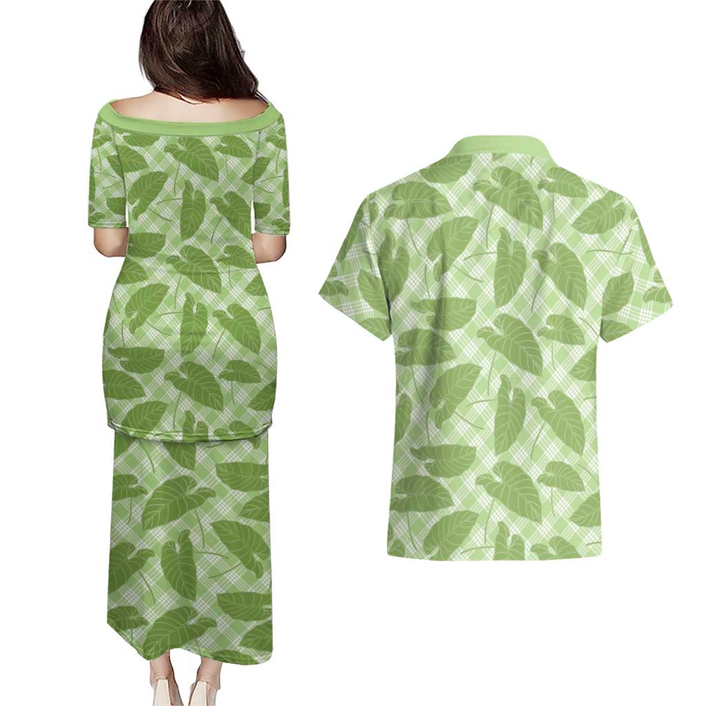 Green Hawaii Kalo Palaka Motifs Couples Matching Puletasi and Hawaiian Shirt Hawaiian Taro Leaves Elegant Vibes - Polynesian Pride