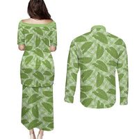 Green Hawaii Kalo Palaka Motifs Couples Matching Puletasi and Long Sleeve Button Shirt Hawaiian Taro Leaves Elegant Vibes - Polynesian Pride