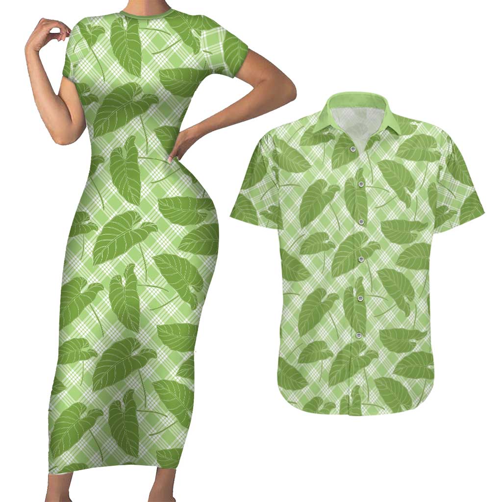 Green Hawaii Kalo Palaka Motifs Couples Matching Short Sleeve Bodycon Dress and Hawaiian Shirt Hawaiian Taro Leaves Elegant Vibes - Polynesian Pride