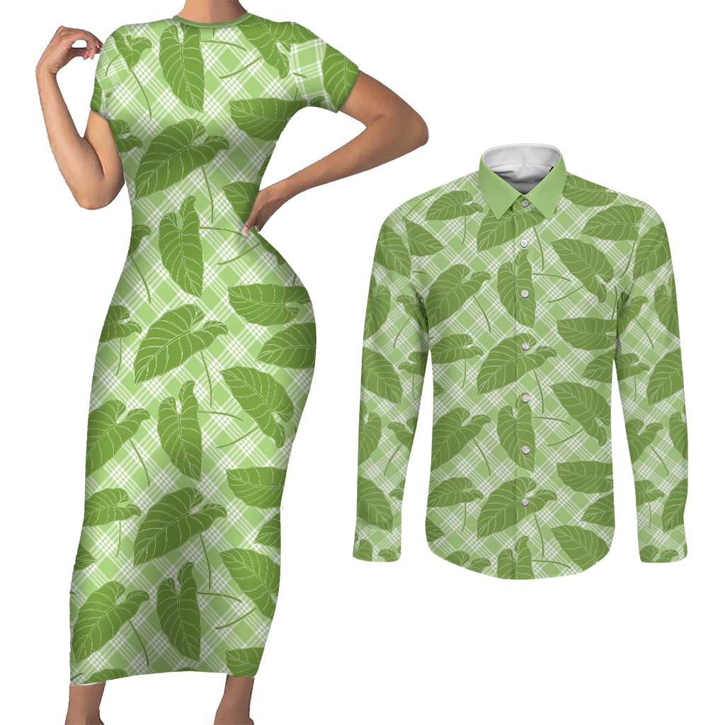 Green Hawaii Kalo Palaka Motifs Couples Matching Short Sleeve Bodycon Dress and Long Sleeve Button Shirt Hawaiian Taro Leaves Elegant Vibes - Polynesian Pride