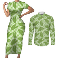 Green Hawaii Kalo Palaka Motifs Couples Matching Short Sleeve Bodycon Dress and Long Sleeve Button Shirt Hawaiian Taro Leaves Elegant Vibes - Polynesian Pride