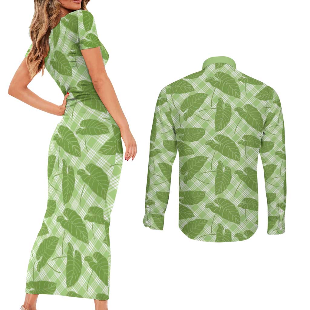 Green Hawaii Kalo Palaka Motifs Couples Matching Short Sleeve Bodycon Dress and Long Sleeve Button Shirt Hawaiian Taro Leaves Elegant Vibes - Polynesian Pride