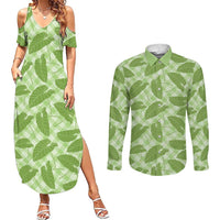 Green Hawaii Kalo Palaka Motifs Couples Matching Summer Maxi Dress and Long Sleeve Button Shirt Hawaiian Taro Leaves Elegant Vibes - Polynesian Pride