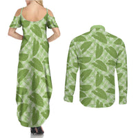 Green Hawaii Kalo Palaka Motifs Couples Matching Summer Maxi Dress and Long Sleeve Button Shirt Hawaiian Taro Leaves Elegant Vibes - Polynesian Pride