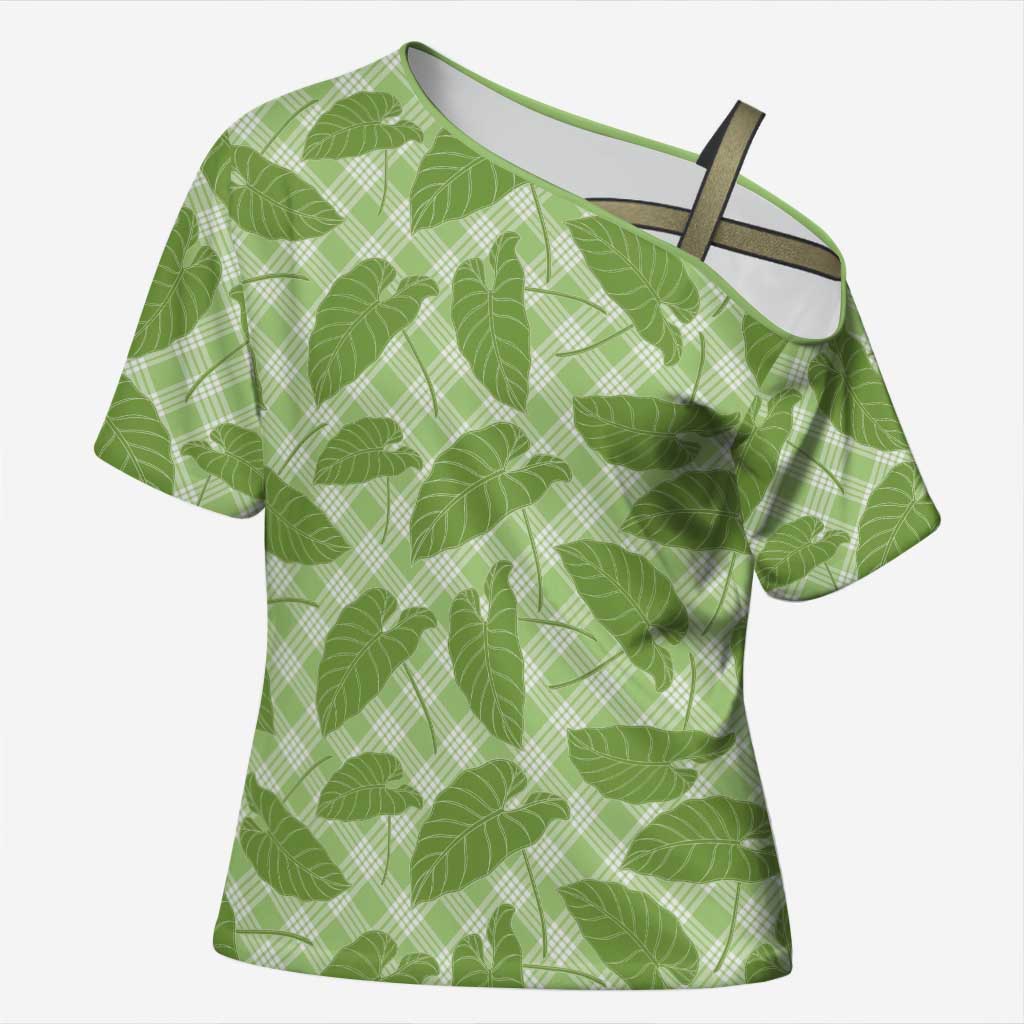 Green Hawaii Kalo Palaka Motifs Cross Shoulder Shirt Hawaiian Taro Leaves Elegant Vibes - Polynesian Pride
