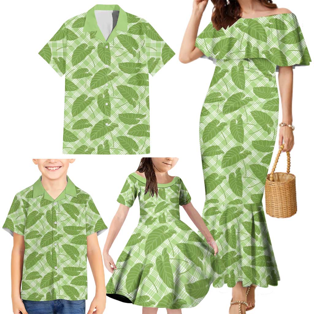 Green Hawaii Kalo Palaka Motifs Family Matching Mermaid Dress and Hawaiian Shirt Hawaiian Taro Leaves Elegant Vibes - Polynesian Pride