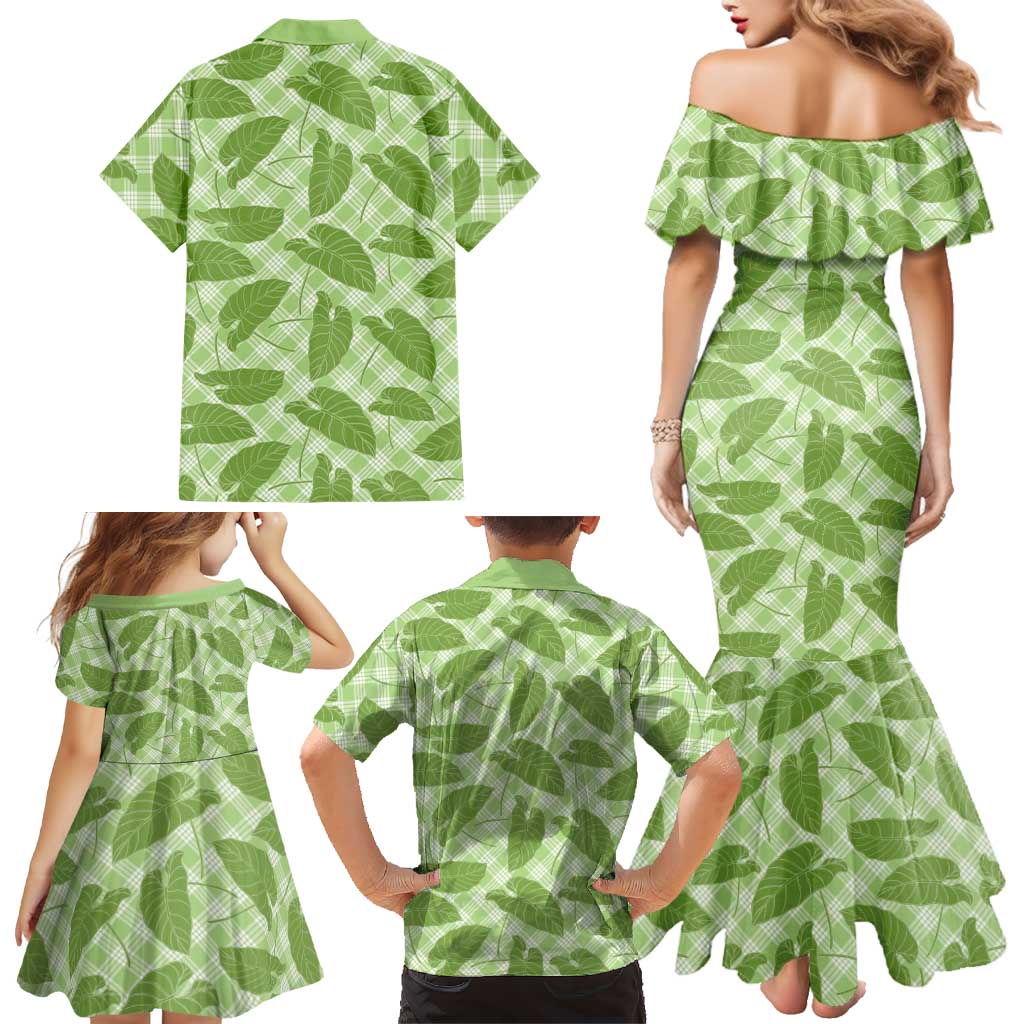 Green Hawaii Kalo Palaka Motifs Family Matching Mermaid Dress and Hawaiian Shirt Hawaiian Taro Leaves Elegant Vibes - Polynesian Pride