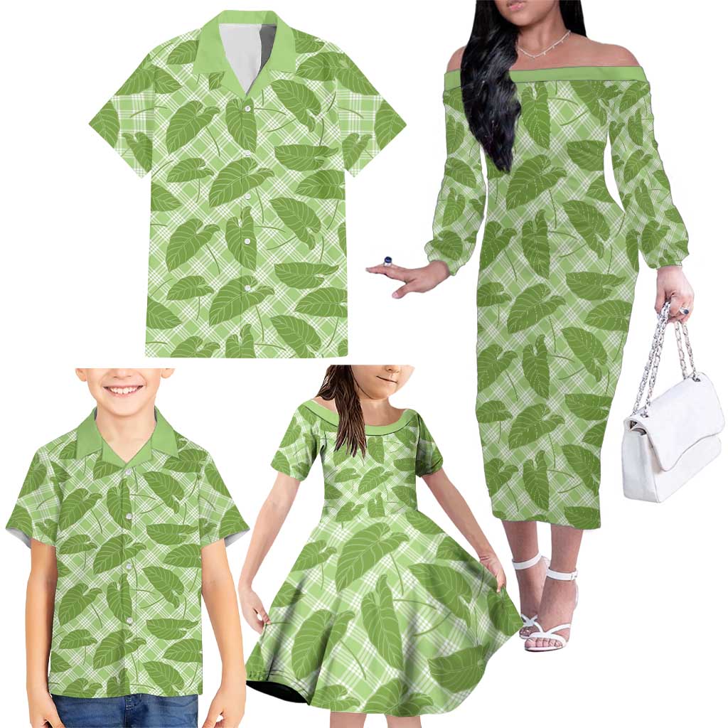 Green Hawaii Kalo Palaka Motifs Family Matching Off The Shoulder Long Sleeve Dress and Hawaiian Shirt Hawaiian Taro Leaves Elegant Vibes - Polynesian Pride