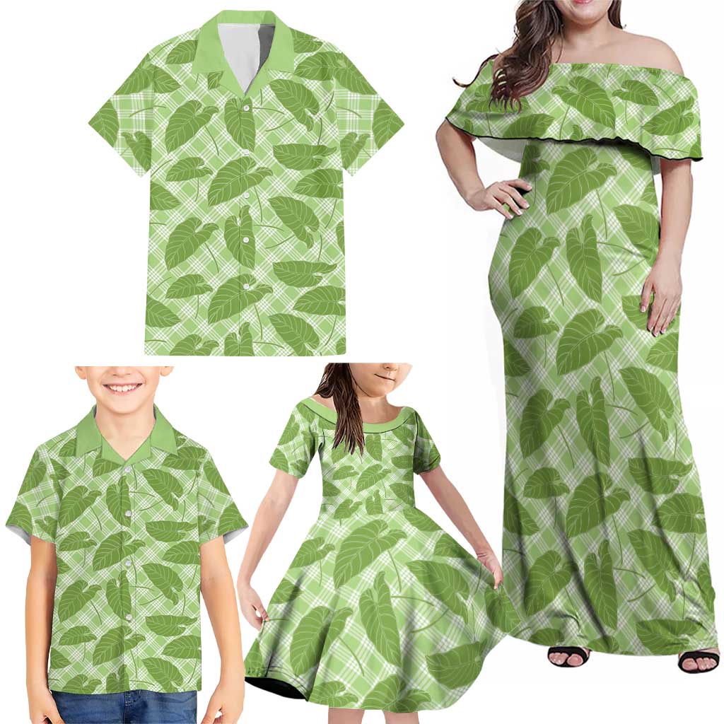 Green Hawaii Kalo Palaka Motifs Family Matching Off Shoulder Maxi Dress and Hawaiian Shirt Hawaiian Taro Leaves Elegant Vibes LT14 - Polynesian Pride