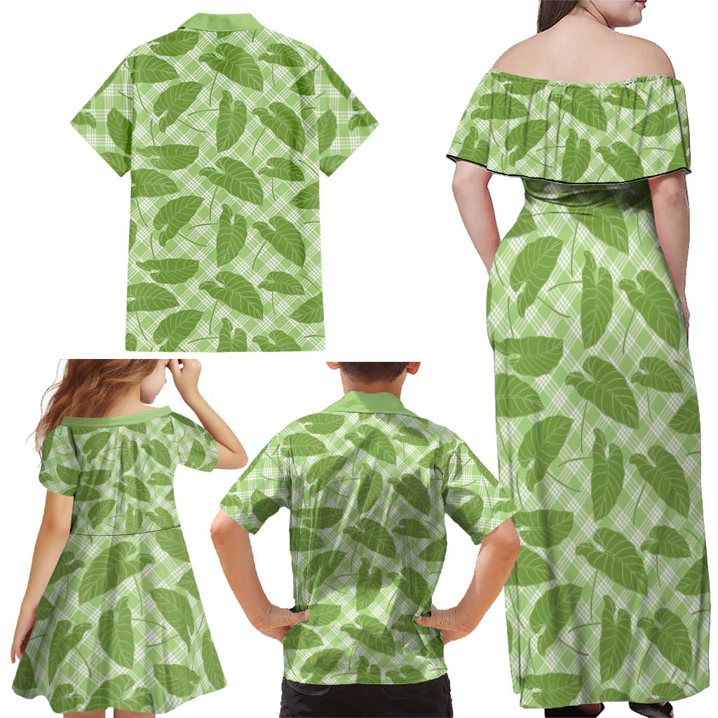 Green Hawaii Kalo Palaka Motifs Family Matching Off Shoulder Maxi Dress and Hawaiian Shirt Hawaiian Taro Leaves Elegant Vibes LT14 - Polynesian Pride