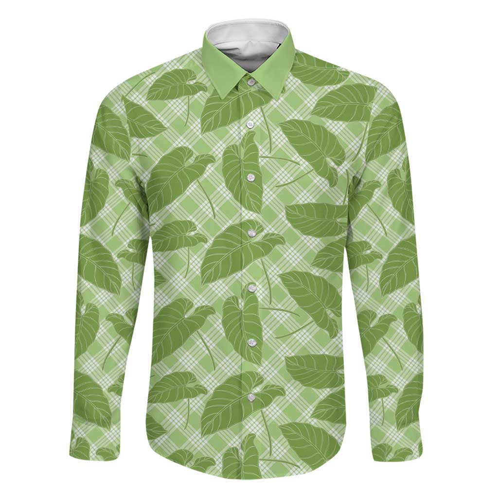 Green Hawaii Kalo Palaka Motifs Family Matching Off Shoulder Maxi Dress and Hawaiian Shirt Hawaiian Taro Leaves Elegant Vibes LT14 Dad's Shirt - Long Sleeve Green - Polynesian Pride