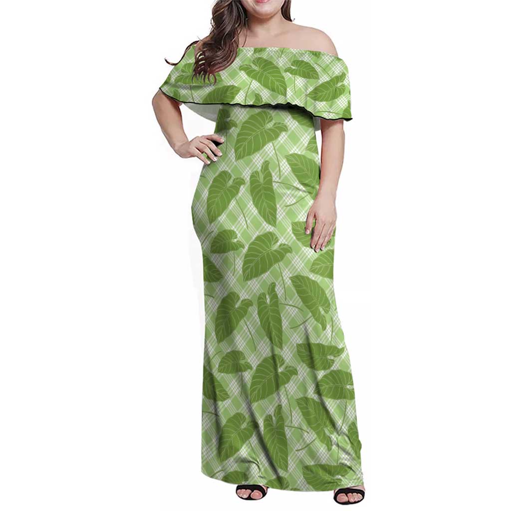 Green Hawaii Kalo Palaka Motifs Family Matching Off Shoulder Maxi Dress and Hawaiian Shirt Hawaiian Taro Leaves Elegant Vibes LT14 Mom's Dress Green - Polynesian Pride