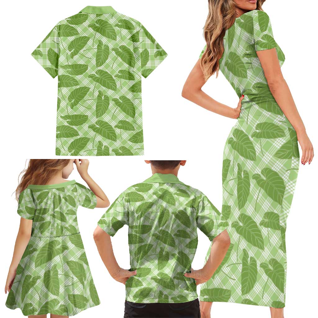 Green Hawaii Kalo Palaka Motifs Family Matching Short Sleeve Bodycon Dress and Hawaiian Shirt Hawaiian Taro Leaves Elegant Vibes - Polynesian Pride