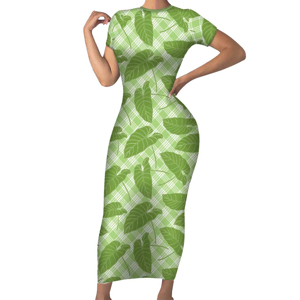 Green Hawaii Kalo Palaka Motifs Family Matching Short Sleeve Bodycon Dress and Hawaiian Shirt Hawaiian Taro Leaves Elegant Vibes - Polynesian Pride