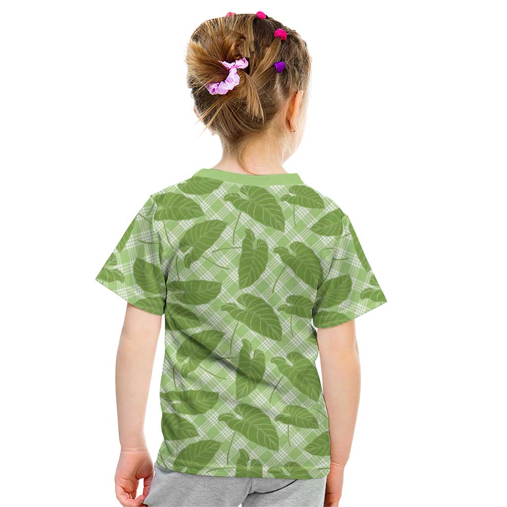 Green Hawaii Kalo Palaka Motifs Kid T Shirt Hawaiian Taro Leaves Elegant Vibes - Polynesian Pride