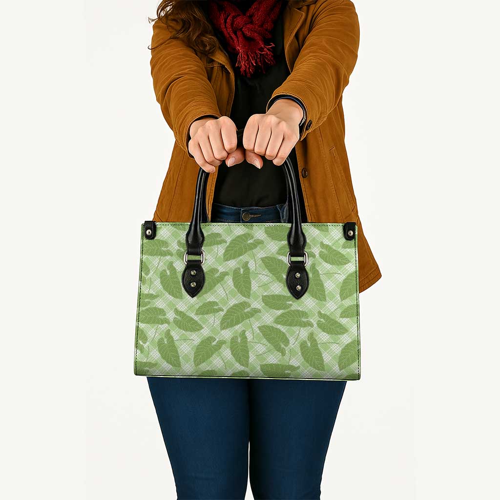 Green Hawaii Kalo Palaka Motifs Leather Bag Hawaiian Taro Leaves Elegant Vibes - Polynesian Pride