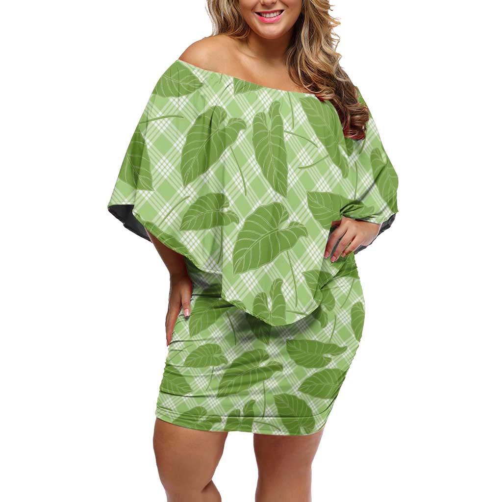 Green Hawaii Kalo Palaka Motifs Off Shoulder Short Dress Hawaiian Taro Leaves Elegant Vibes - Polynesian Pride