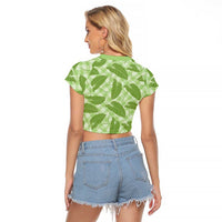 Green Hawaii Kalo Palaka Motifs Raglan Cropped T Shirt Hawaiian Taro Leaves Elegant Vibes - Polynesian Pride