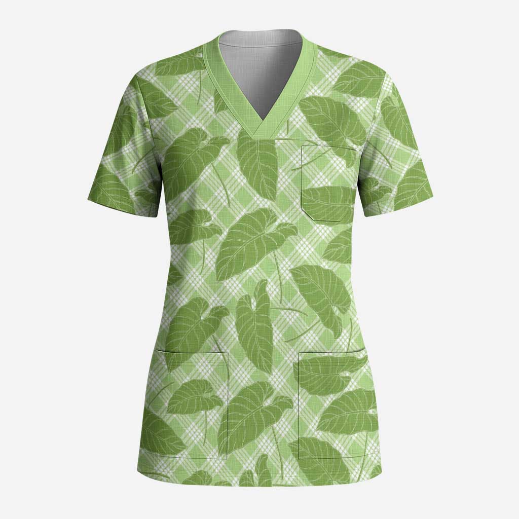 Green Hawaii Kalo Palaka Motifs Scrub Top Hawaiian Taro Leaves Elegant Vibes LT14 Adult Green - Polynesian Pride