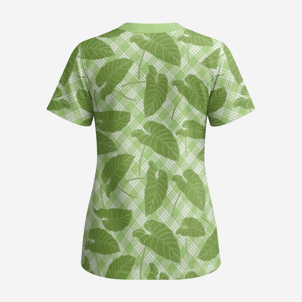 Green Hawaii Kalo Palaka Motifs Scrub Top Hawaiian Taro Leaves Elegant Vibes LT14 - Polynesian Pride