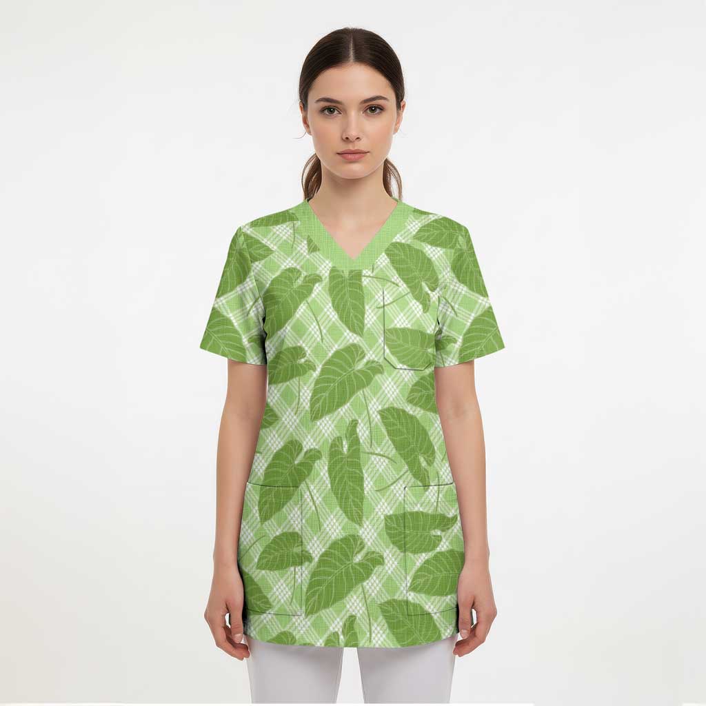 Green Hawaii Kalo Palaka Motifs Scrub Top Hawaiian Taro Leaves Elegant Vibes LT14 - Polynesian Pride