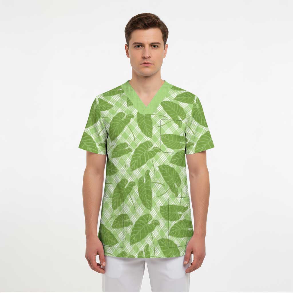 Green Hawaii Kalo Palaka Motifs Scrub Top Hawaiian Taro Leaves Elegant Vibes LT14 - Polynesian Pride