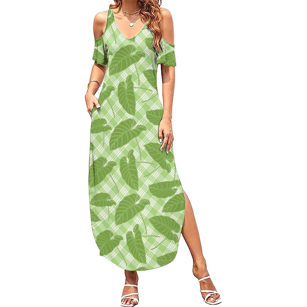 Green Hawaii Kalo Palaka Motifs Summer Maxi Dress Hawaiian Taro Leaves Elegant Vibes - Polynesian Pride