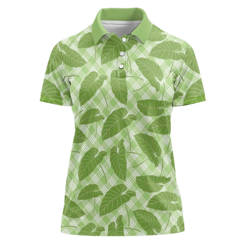 Green Hawaii Kalo Palaka Motifs Women Polo Shirt Hawaiian Taro Leaves Elegant Vibes LT14 Female Green - Polynesian Pride