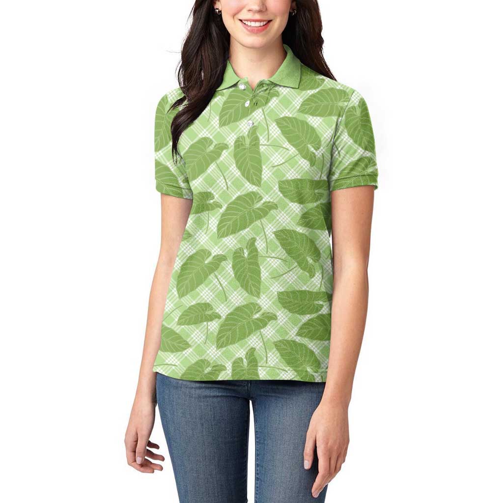 Green Hawaii Kalo Palaka Motifs Women Polo Shirt Hawaiian Taro Leaves Elegant Vibes LT14 - Polynesian Pride