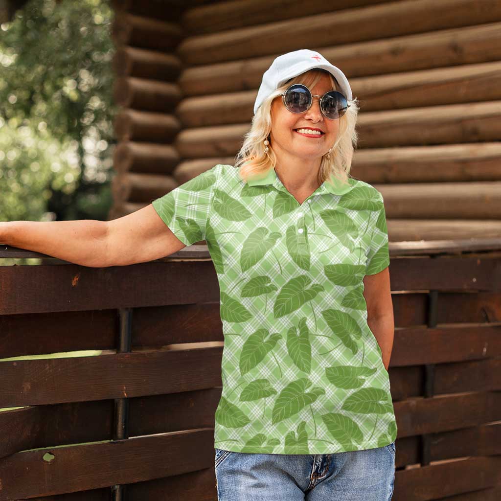 Green Hawaii Kalo Palaka Motifs Women Polo Shirt Hawaiian Taro Leaves Elegant Vibes LT14 - Polynesian Pride