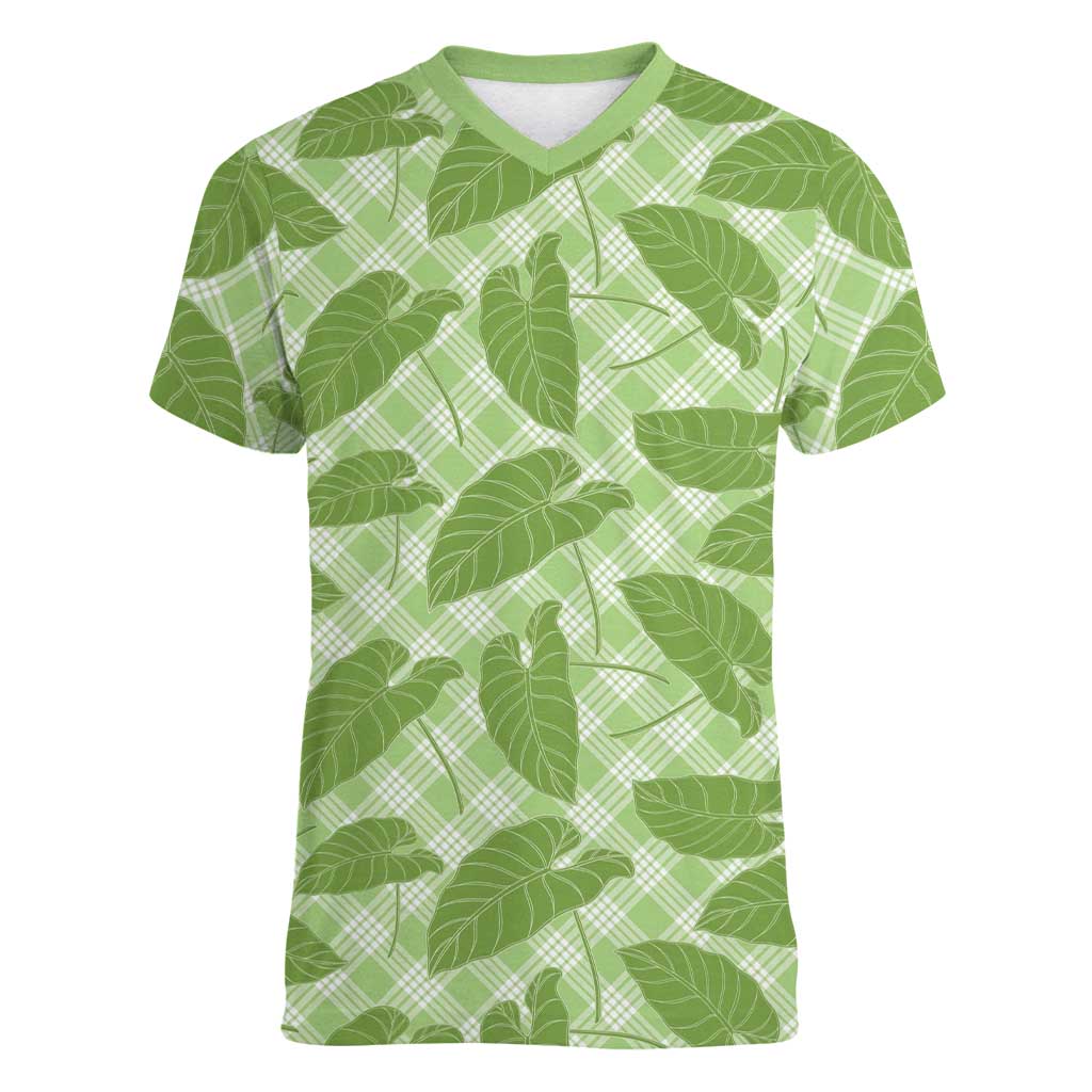 Green Hawaii Kalo Palaka Motifs Women V-Neck T-Shirt Hawaiian Taro Leaves Elegant Vibes - Polynesian Pride